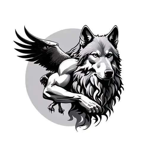 Zeus With His Left Arm Out And A Eagle On His Left Arm And A Gray Wolf On Zeuss Right Side