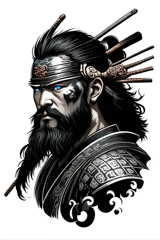 Samurai With Blue Eyes Surrounded