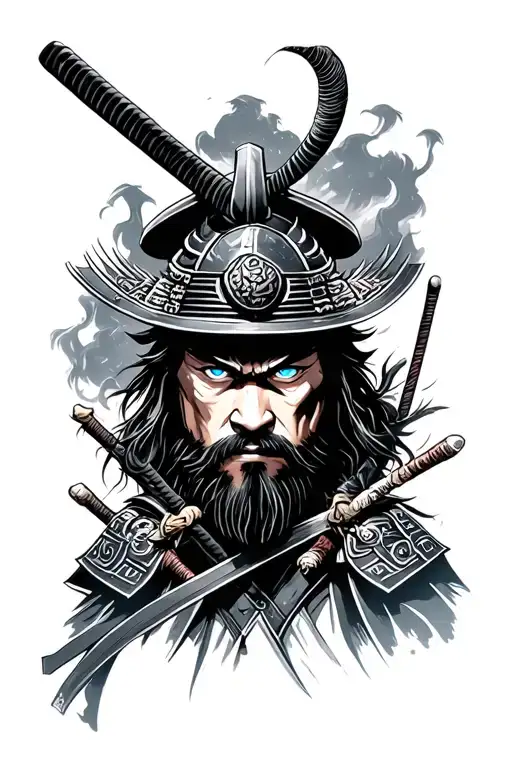 Samurai With Blue Eyes Surrounded By Enemies