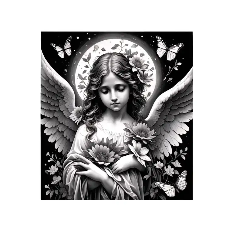 Angel Faded Into Small Flowers With Butterflies