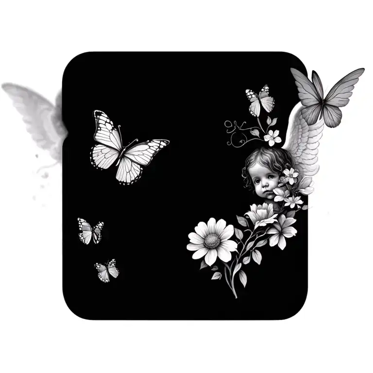 Baby Angel Faded Into Small Flowers With Butterflies