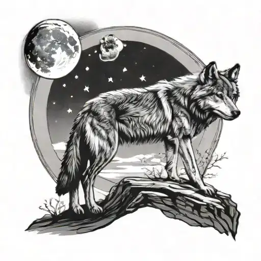 A Mystical Scene Of A Wolf Gazing At The Moon In A Black-grey Style
