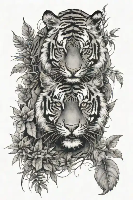 Full Body Of A Tiger Surrounded By Plants