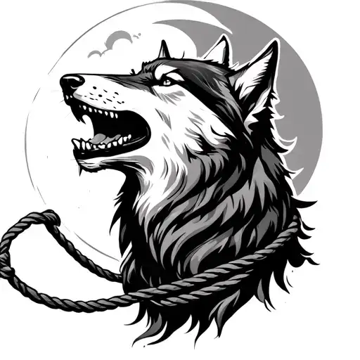 Wolf Howling With Its Teeth Out At The Moon With A Rope Collar Around The Neck