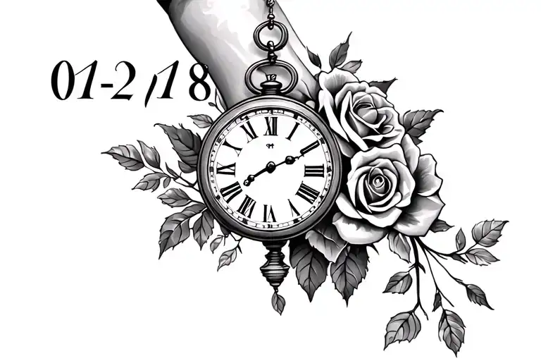 Roman Numbers For 01-02-18 On Forearm With Old Clocks And Roses