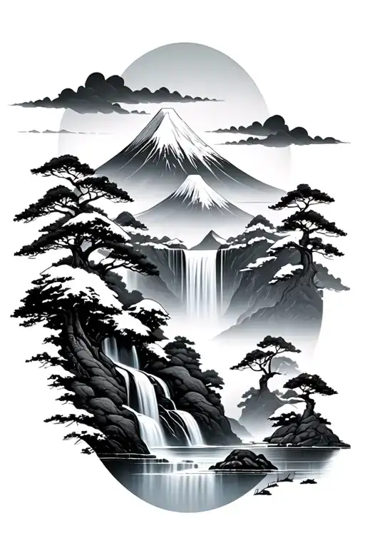 Japanese Landscape With Waterfall And Snow Mountain