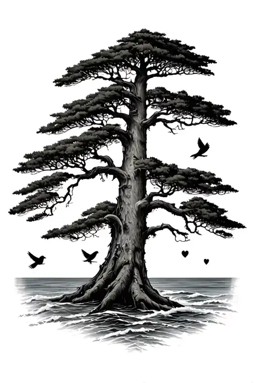 Redwood Tree With Ocean Background And 3 Birds In The Branches Of The Tree With A Heart On The Trunk