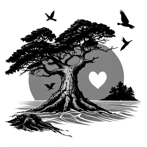 Redwood Tree With Ocean Background And 3 Birds In The Branches Of The Tree With A Heart On The Trunk