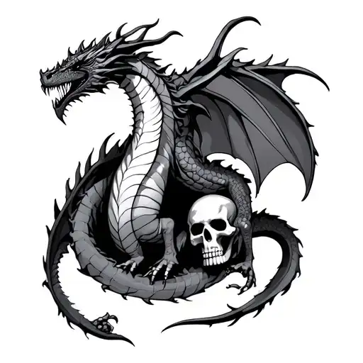 Long Demonic Dragon On Thigh To Ankle And Skulls