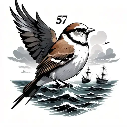 Sparrow Flying Over The Ocean With A Ship In The Background And The Number 57 In The Cloud