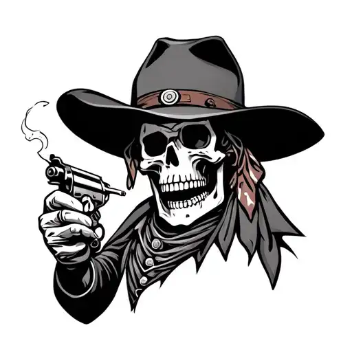 Skeleton Cowboy With Bandana And Hat Smoking Cigarette With A Revolver Pistol