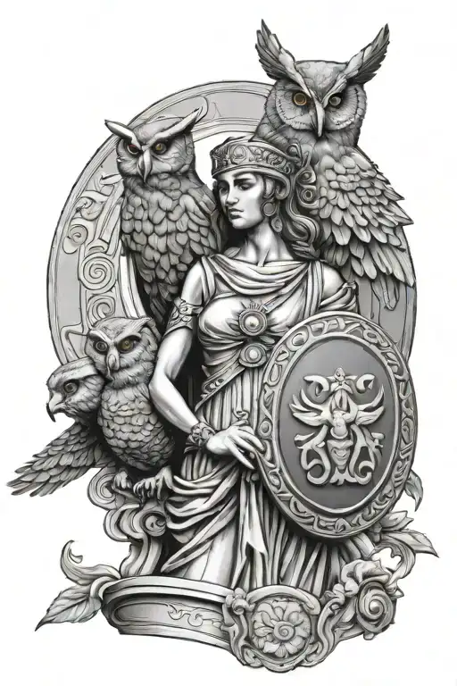 Statue Of Athena Holding Her Shield With Owl Perched
