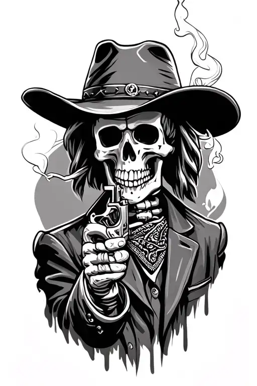 Skeleton Cowboy With Bandana And Hat Smoking Cigarette With A Revolver Pistol