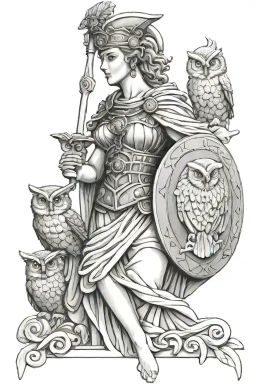 Statue Of Athena Holding Her Shield With Owl Perched