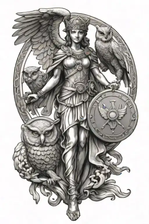 Statue Of Athena Holding Her Shield With Owl Flying