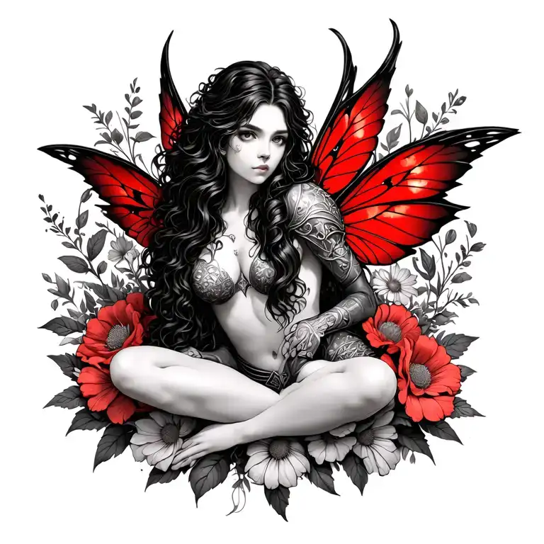 Warrior Fairy Sitting In Flowers Intertwined With Long Black Wavy Hair And Crimson Wings