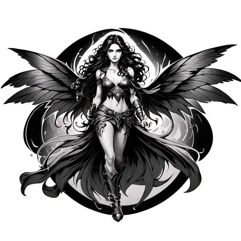 Warrior Fairy Walking With Long Black Wavy Hair And Crimson Wings