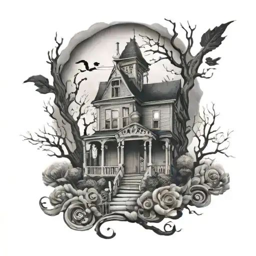 A Black And Grey Tattoo Of A Haunted House With A Music-themed Graveyard In The Front Yard