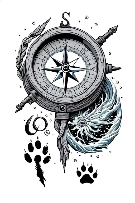 Compass Surrounded With Sea And Dog Paw And Cancer Zodiac Sign