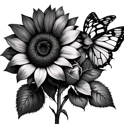 Sunflower And Rose And Butterfly
