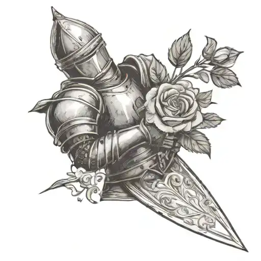 A Knight In Closed Armor Looking At A Rose In His Hand