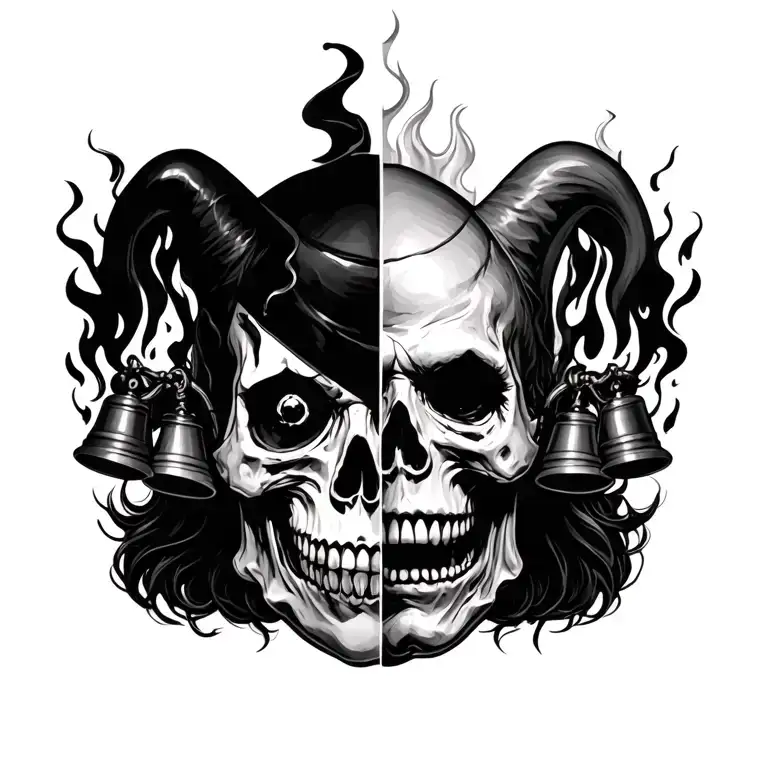 Portrait Half Jester With Bells And Half Skull On Fire