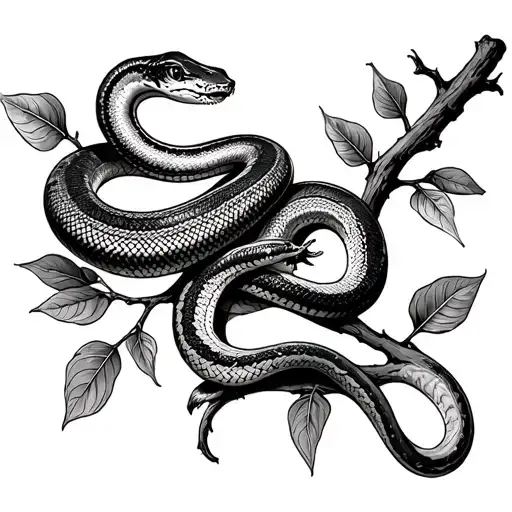 Rainbow Boa Constrictor Snake Around A Branch With 6 Leaves