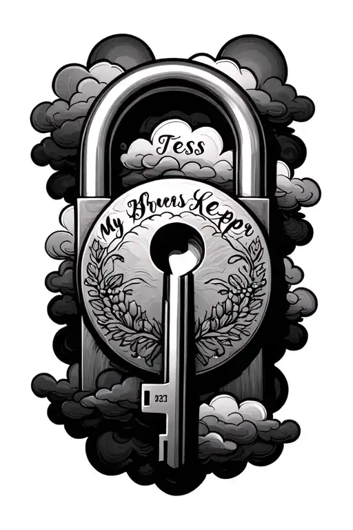 A Lock And Key With Tess Written On It And My Brothers Keeper Under The Key With Clouds