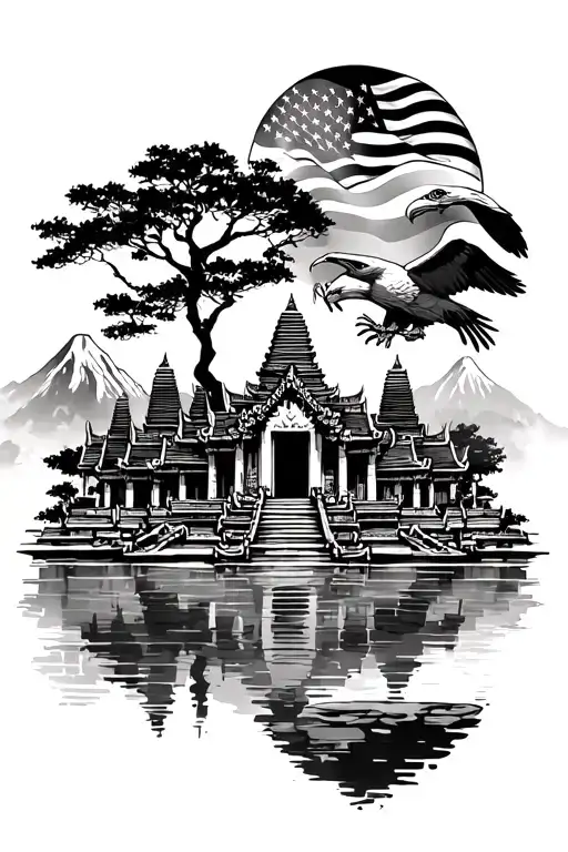 Cambodian Temple Landscape With An American Flag And An Eagle And Mountains