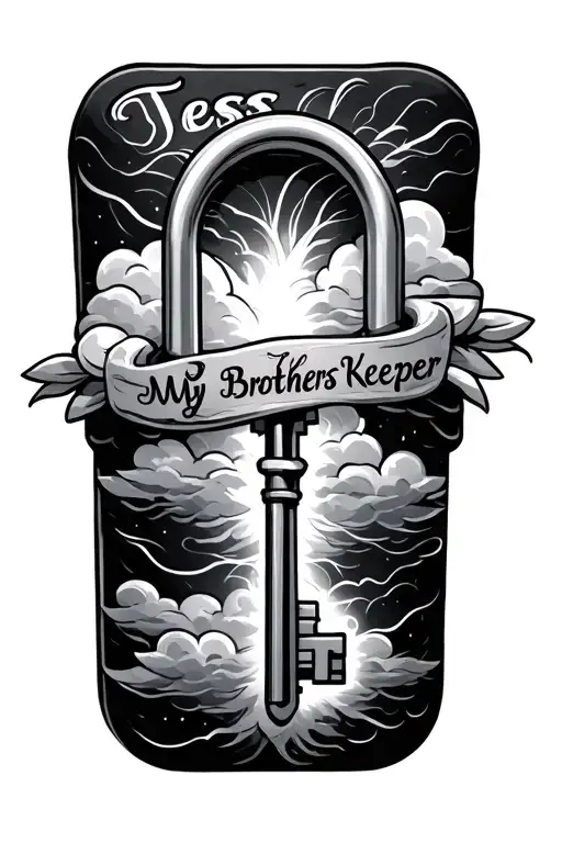 A Lock And Key With Tess Written On It And My Brothers Keeper Under The Key With Clouds