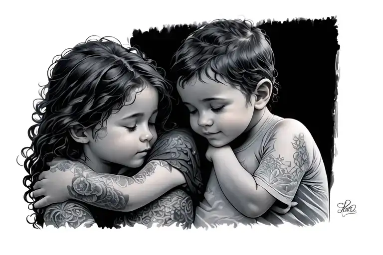 Mother Embracing Two Sons All Seen