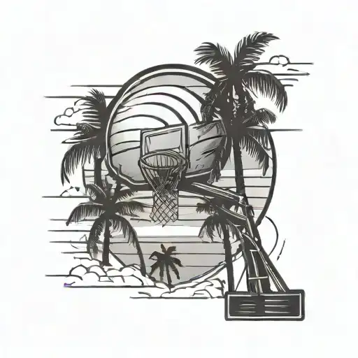A Basketball Hoop With A Sunset Scene And Palm Trees