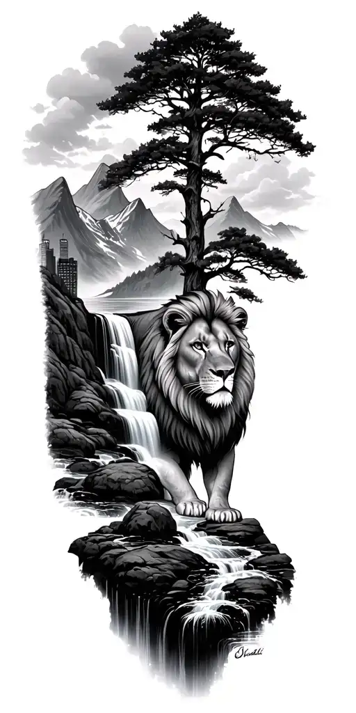 Skyline With Mountains Waterfall Tree And Lion