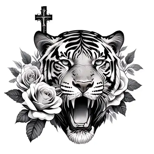 Cross And Tiger With Roses Blooming