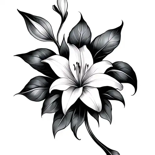 Lily Flower With Leaves And Flowing Lines