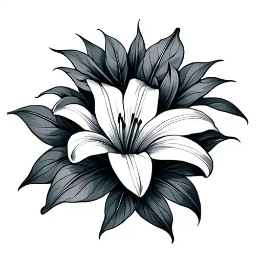 Fine Line Lily Flower With Leaves And Flowing Lines