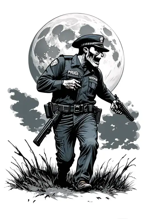 Zombie Police Walking Under Full Moon Carrying A Shotgun