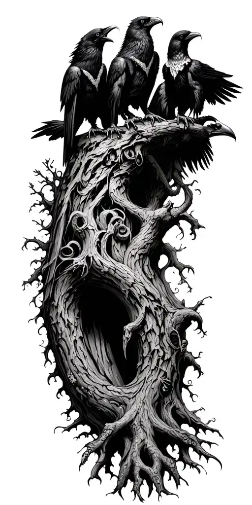 Yggdrasil Tree With Odin And Two Ravens Huginn And Muninn