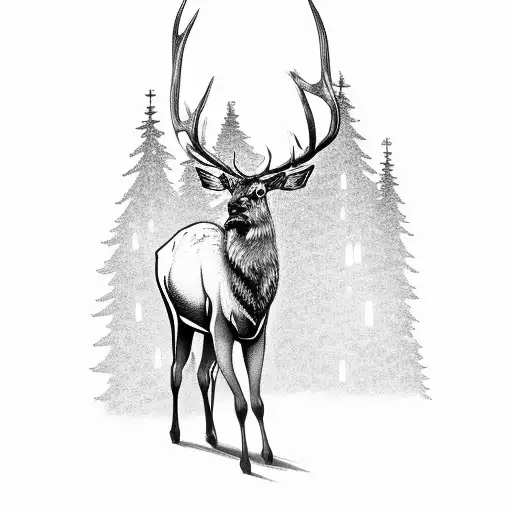 A Majestic Elk Standing In A Moonlit Forest With A Castle In The Distance