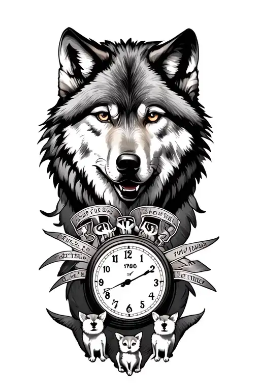 Wolf Tattoo With 3 Small Wolf Below With A Clock With 2 Significant Dates 1975 And 1980