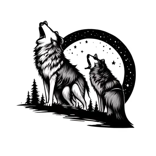Grizly And Wolf Howling At The Moon In A Circular Design With Trees And Stars In The Back Ground