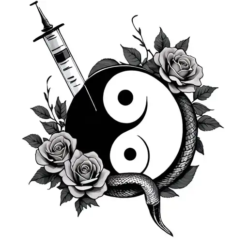 A Syringe With Ying Yang Behind It With Roses With A Snake Wrapped Around The Syringe