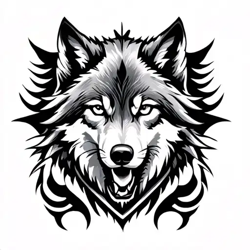 Tribal Pattern On The Arm With Wolf On The Chest