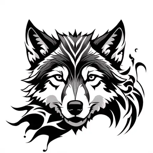 Tribal Pattern On The Arm With Wolf On The Chest