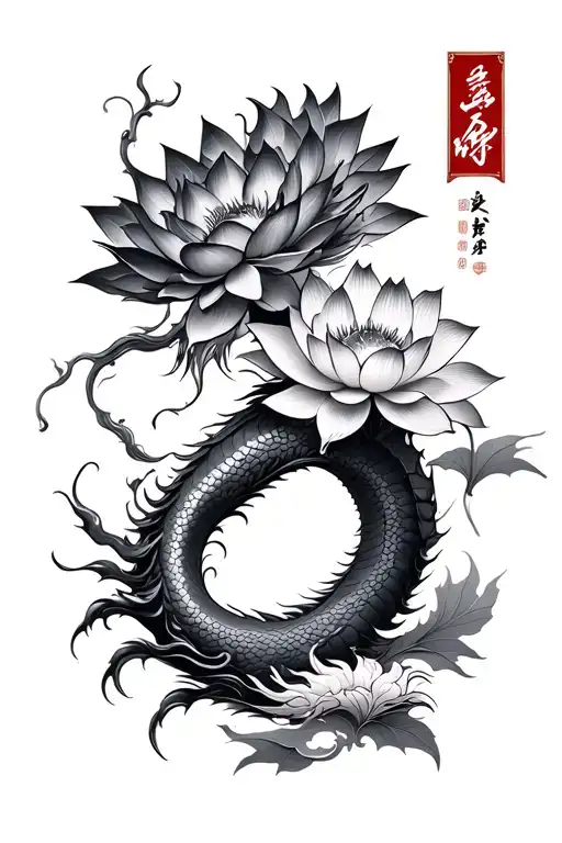 Japanese Lotus Flower And Dragon Tattoo Featuring