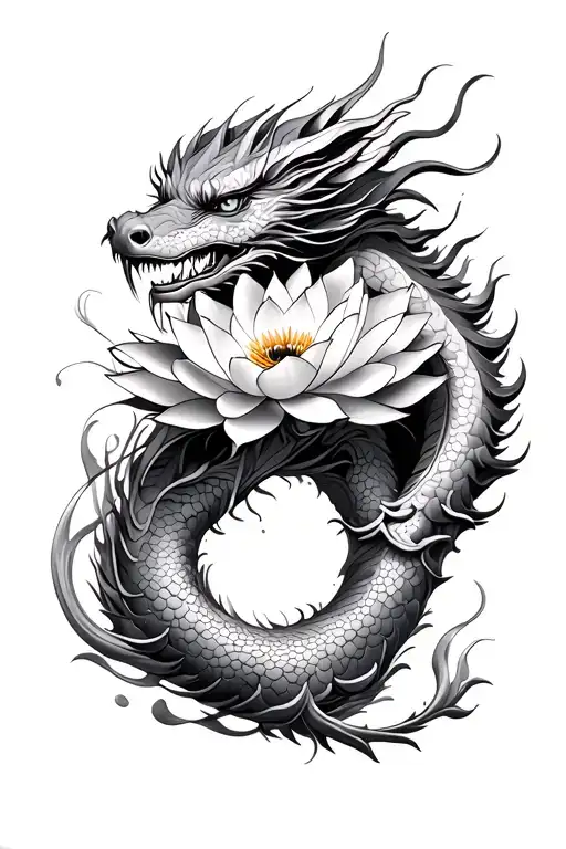 Japanese Lotus Flower And Dragon Tattoo Featuring Elements