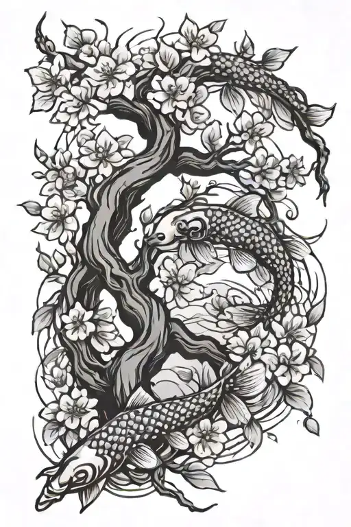 Cherry Blossom Tree Intertwined With A School Of Koi Fish