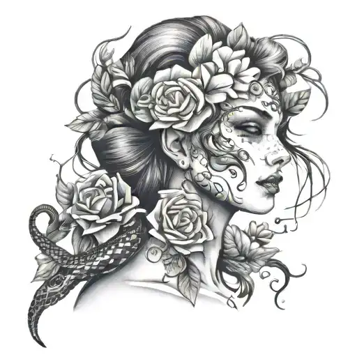 Woman's Broken Face With Flowers And Snake