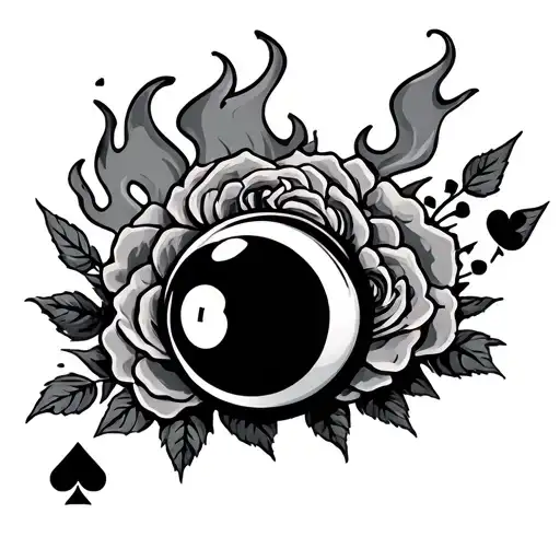 8Ball And Cards On Fire With Roses