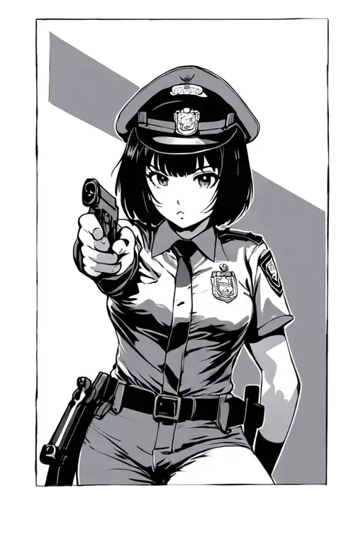 Anime Girl With Black Hair In Police Uniform Points Gun At Me